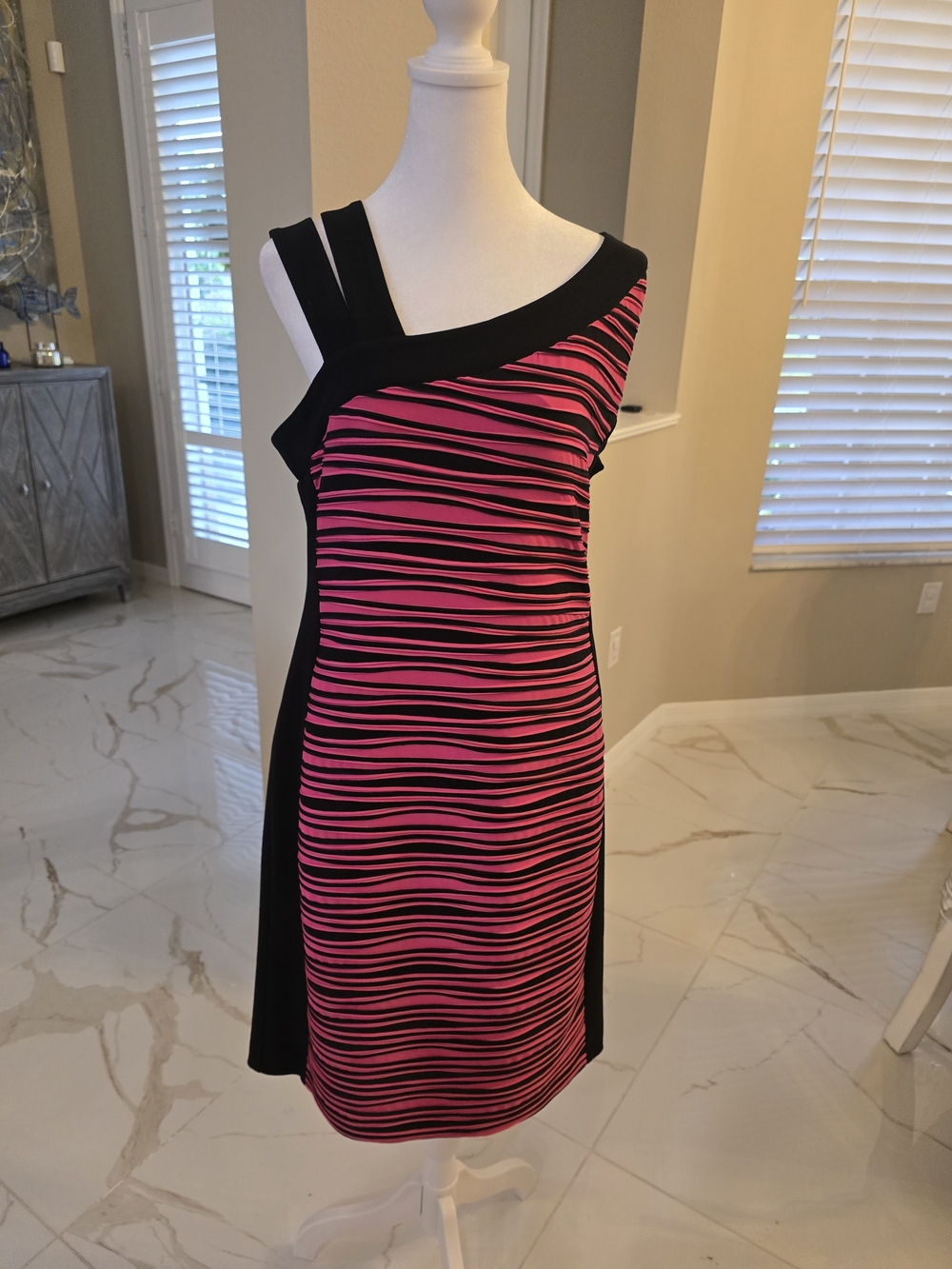 Joseph Ribkoff One-Shoulder Pink and Black Striped Dress